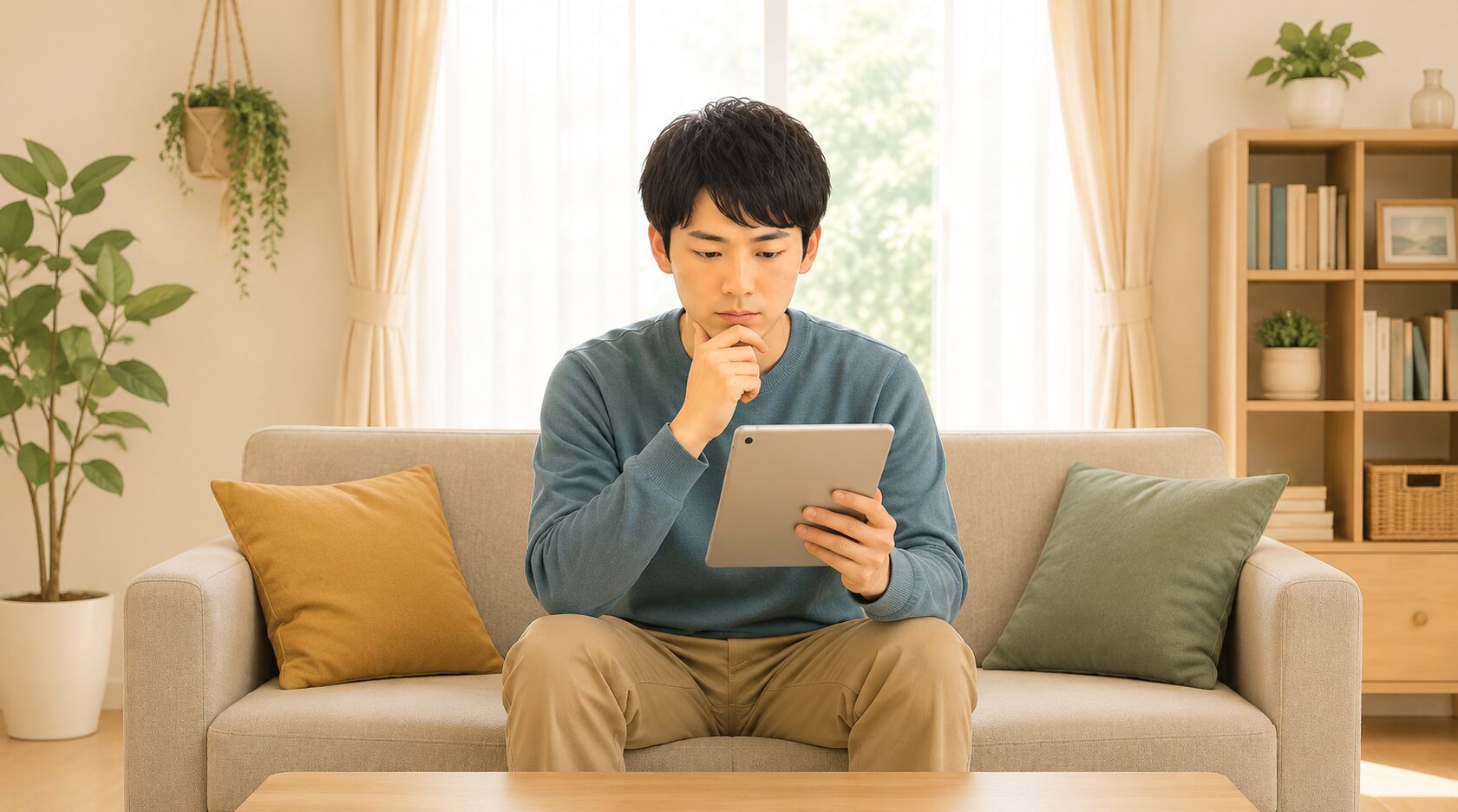 自宅のソファでタブレットを見ながら、働きながらITスキルを学ぶ方法を考える人