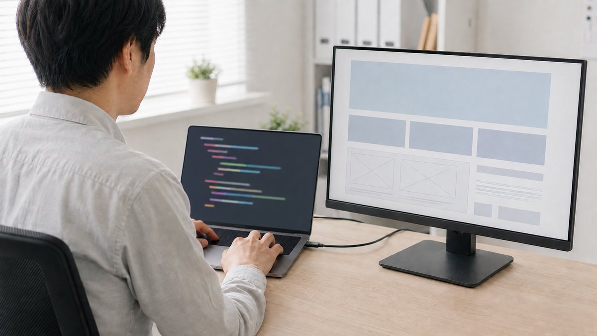 Webコーダーがコードとブラウザの表示を見比べている作業風景